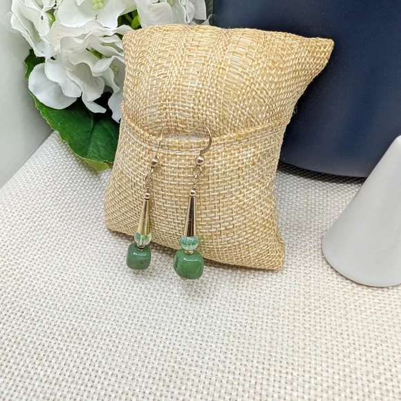 Vintage Handmade Green Glass Dangle Earrings | Boho Drop Style | Lightweight - Picture 3 of 14